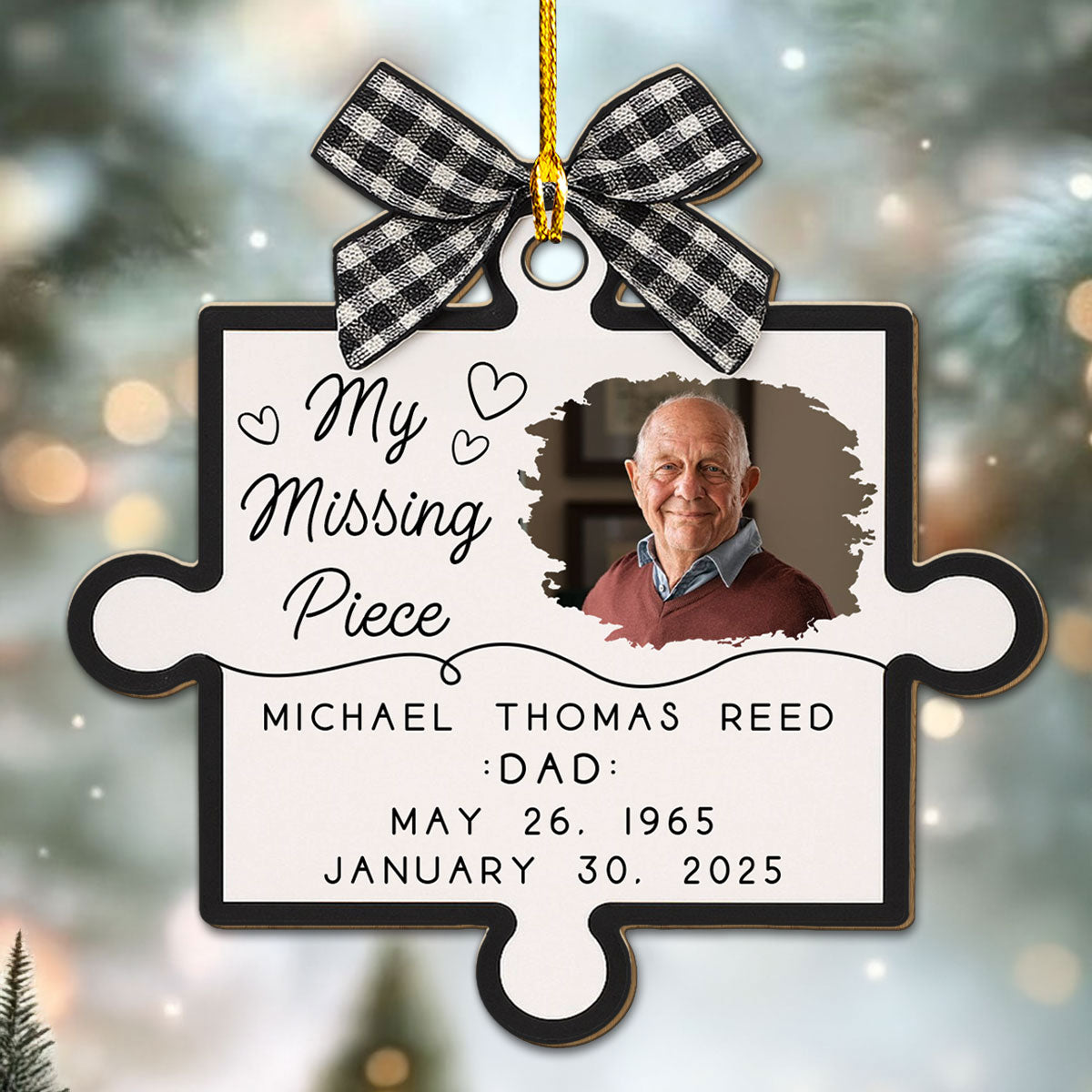 Personalized Wooden Ornament for Dad Memorial, Puzzle Piece Photo Keepsake, My Missing Piece Tribute, Unique Sympathy Gift for Family