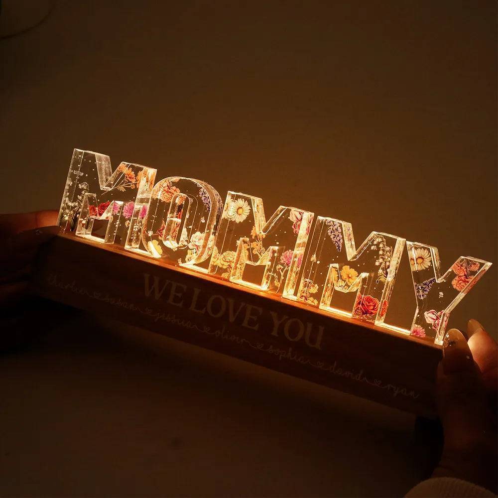 Personalized Block LED Light Plaque with Floral MOMMY Design and Warm Glow for Bedroom or Desk, Unique Gift for Mom