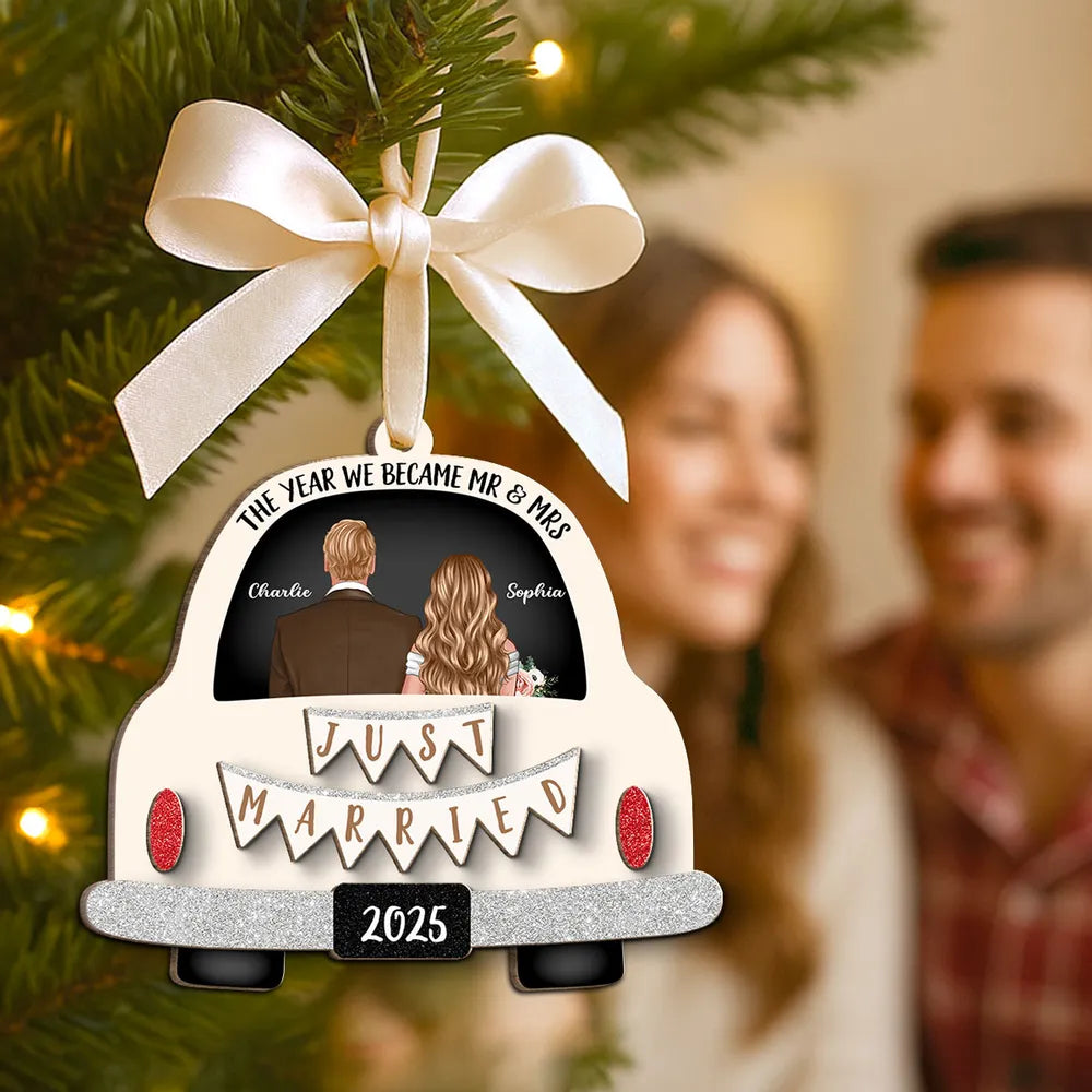 Custom 2-Layer Wooden Ornament 'Just Married' Gift for Couples