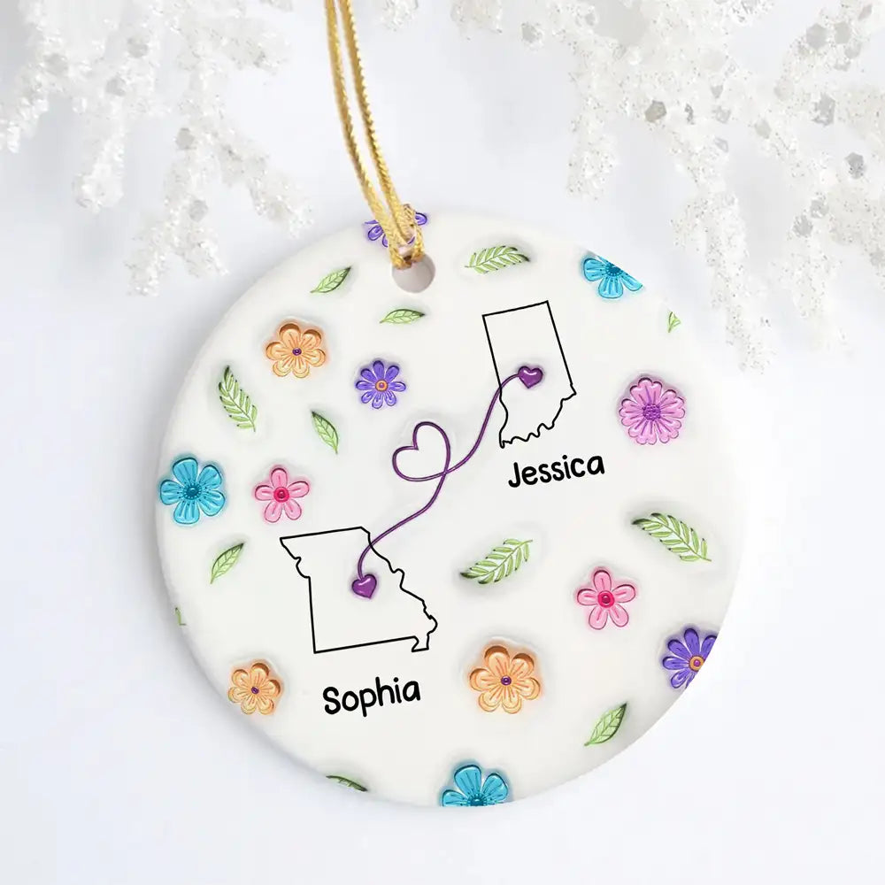 Sisters Across States Round Ceramic Ornament with Heart Path & Floral Accents