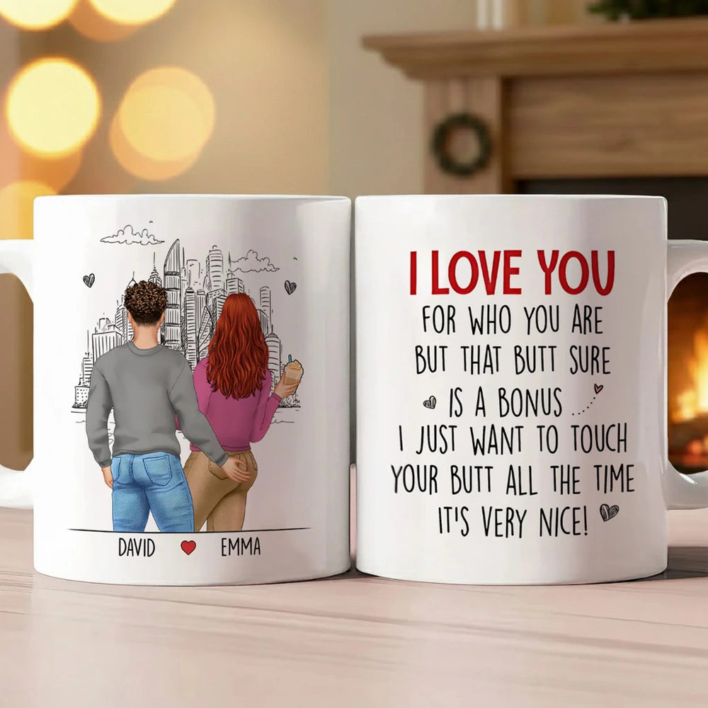 Personalized White Ceramic Mug with Hugging Couple Illustration, Funny Love Quote, Unique Romantic Gift for Partner