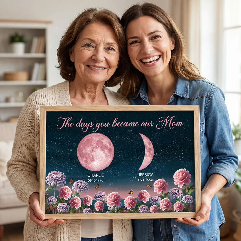 The Days You Became Our Mom Poster, Personalized Moon Phases and Birth Month Flowers, Heartfelt Gift for Mom