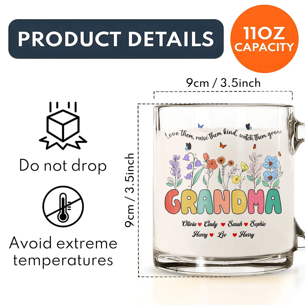Glass Mug with Grandma Floral Theme, High Clarity, Heartwarming Gift for Grandmother