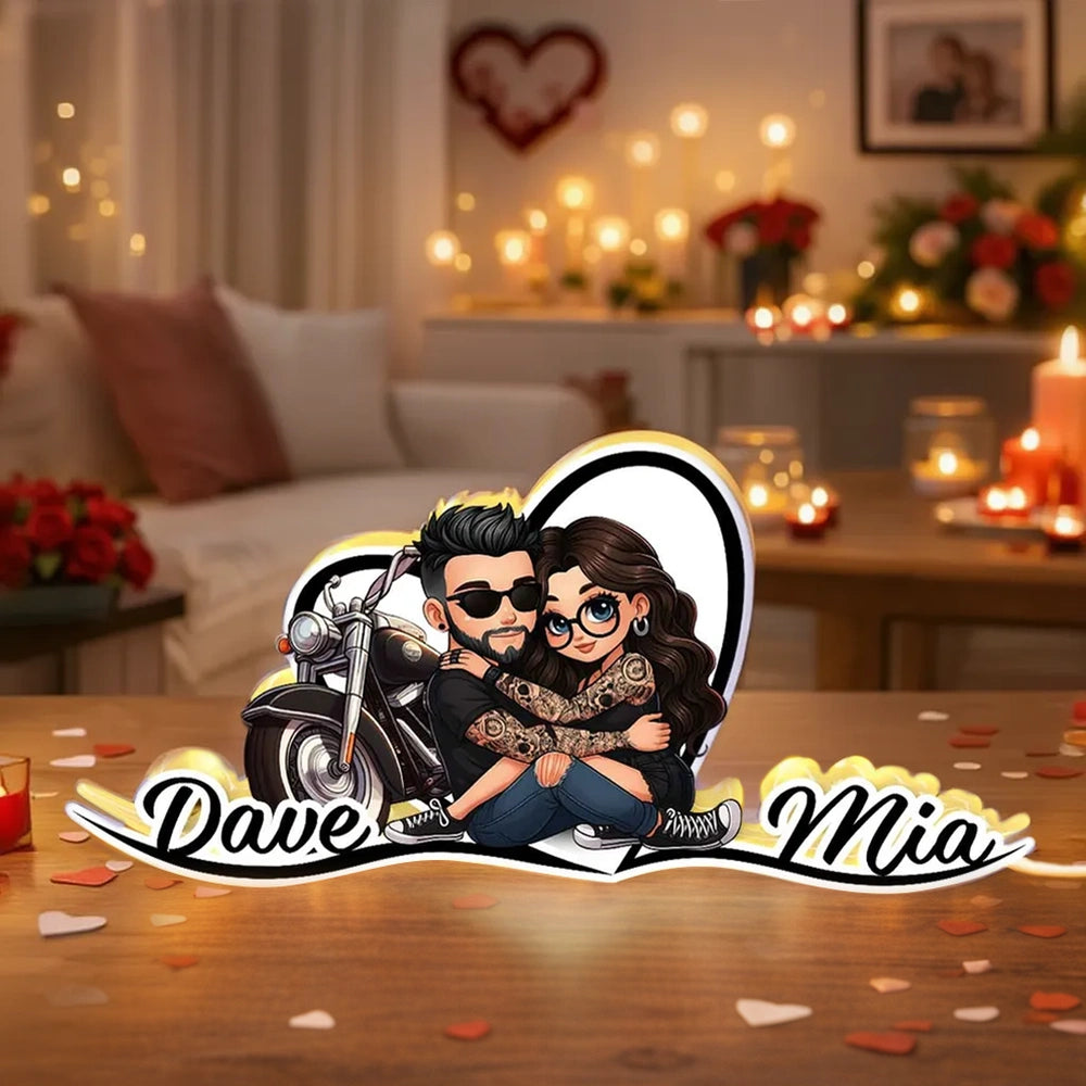 Personalized Acrylic Light Box Sunset Biker Couple Hugging by a Motorcycle Warm Glow Unique Gift for Couples