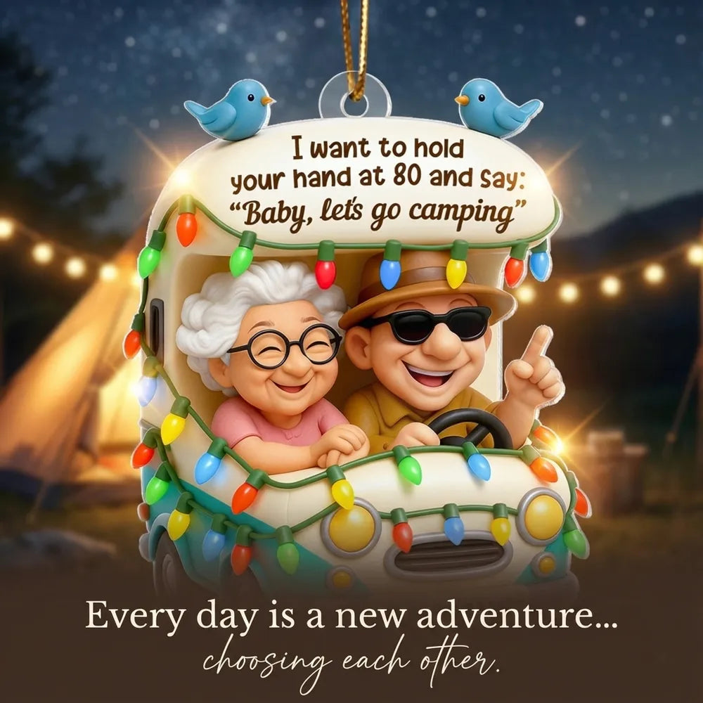 Personalized Camping RV Acrylic Ornament, Smiling Older Couple Road Trip Scene, Warm Holiday Decor, Creative Christmas Gift for Couples