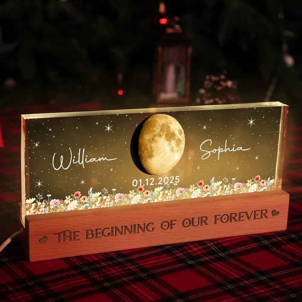 Personalized Moon Phase Block LED Light Plaque With Floral Stars, Romantic Bedside Decor, Unique Couple Gift