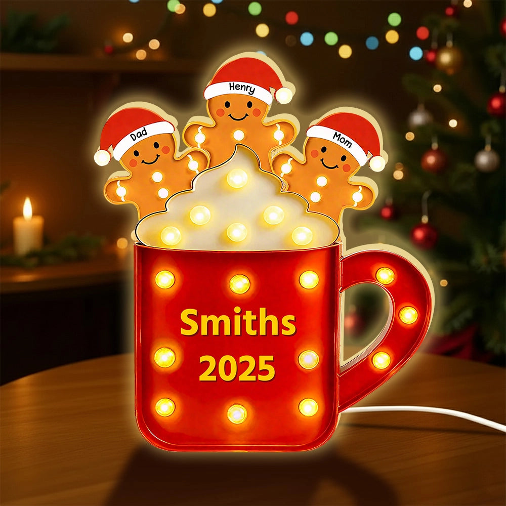 Acrylic Light Box Gingerbread Mug with Santa Hats, Cozy Christmas Glow, Custom Design, Unique Family Gift