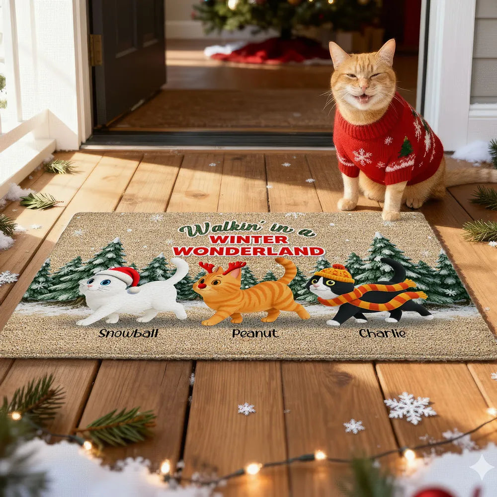 Personalized Standard Doormat with Cute Cats, Winter Wonderland Scene, Unique Holiday Gift for Pet Lovers