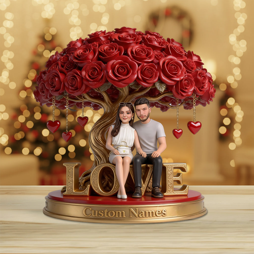 Custom Gay Couple Figurine Statue under Red Rose Tree, Engraved Name, Romantic Same Sex LGBT Anniversary Wedding Gift Home Decor