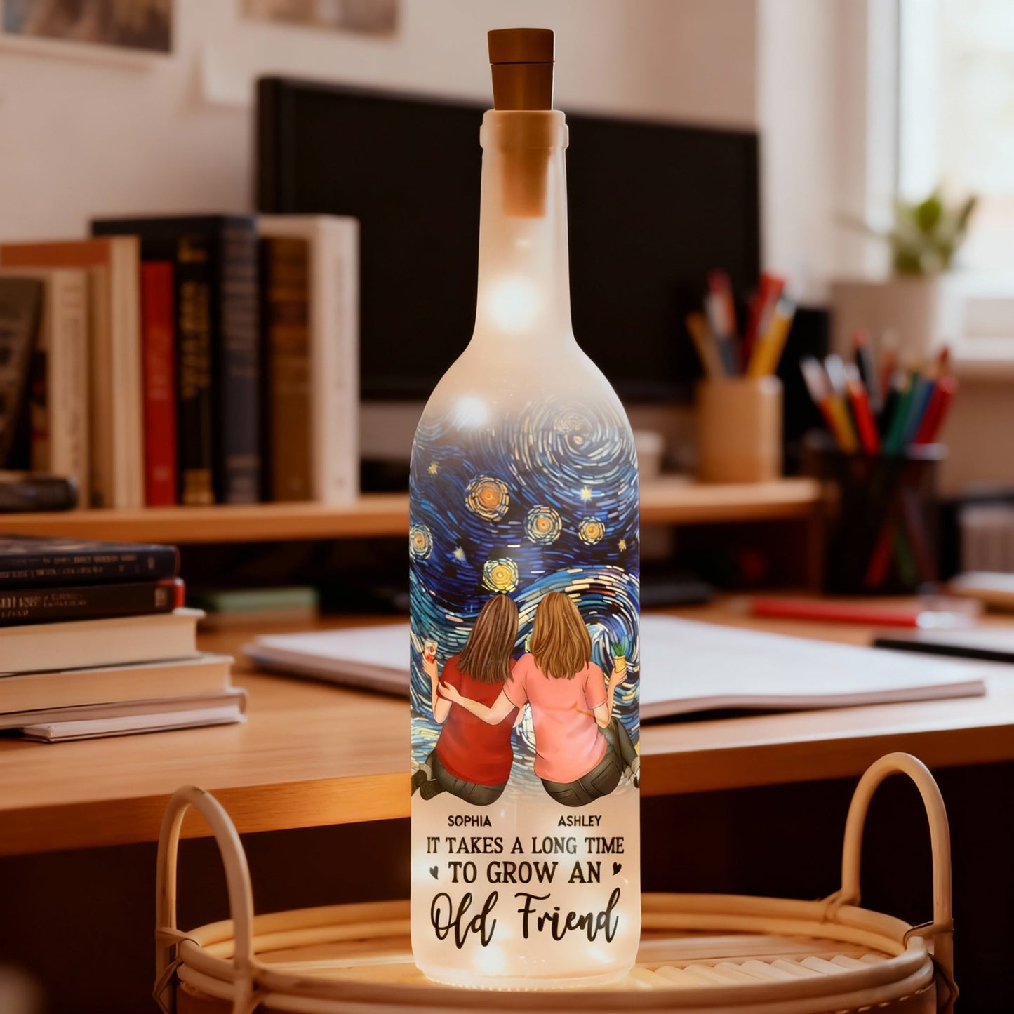 Bottle Lamp with Starry Sky Art, Hugging Friends Scene, Cozy Glow Decor, A Unique Gift for Best Friend