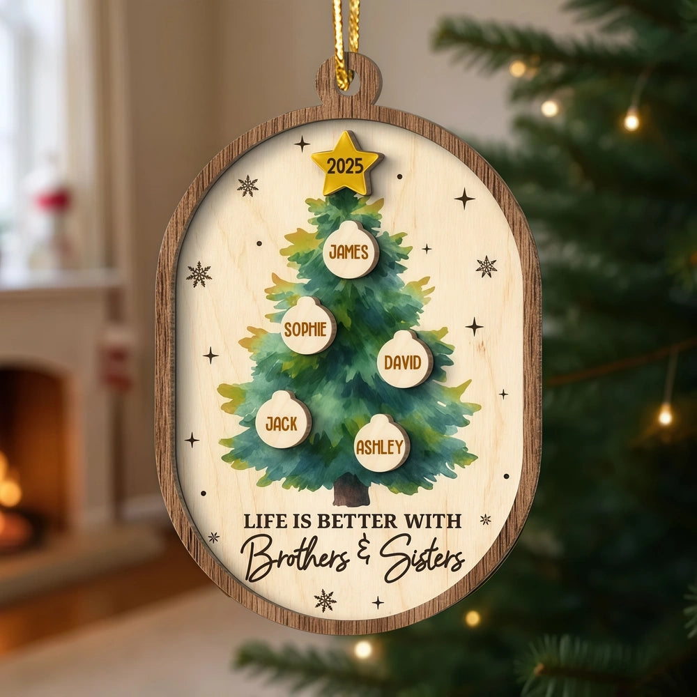 Personalized 2-Layer Wooden Ornament for Siblings Christmas Tree Decor, Custom Family Names Keepsake Gift