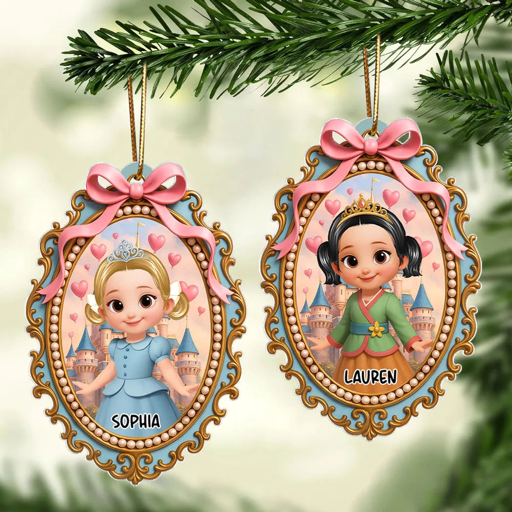 Acrylic Ornament with Princess Portrait and Pink Bow Frame, clear print and elegant detail, perfect gift for Kids or Christmas Décor