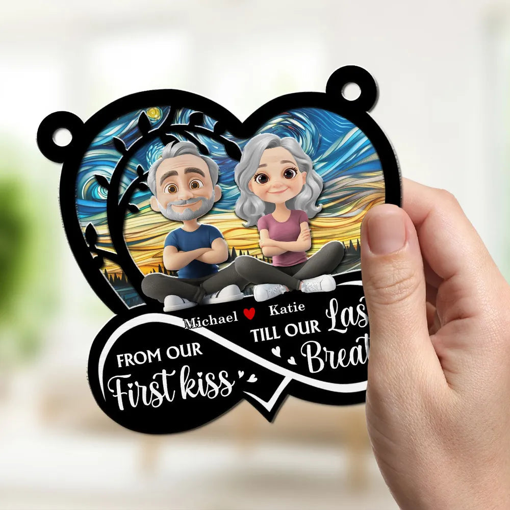 Personalized "First Kiss Till Last Breath" Couple Silhouette Heart Ornament | Custom Wood Acrylic Anniversary Gift