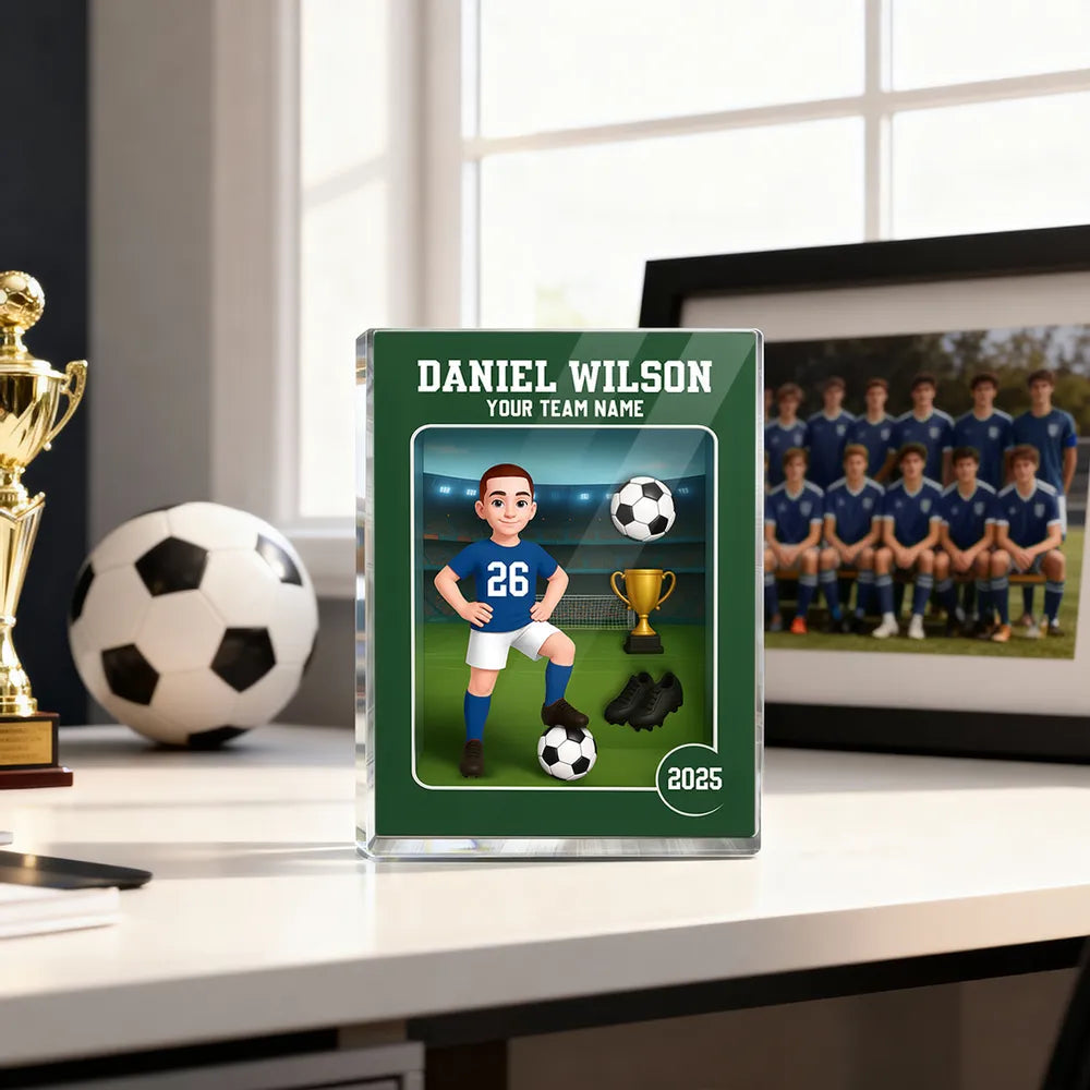 Acrylic Block Plaque - Customizable Soccer Keepsake, stadium design, player with ball - Creative Gift for Kids & Teams