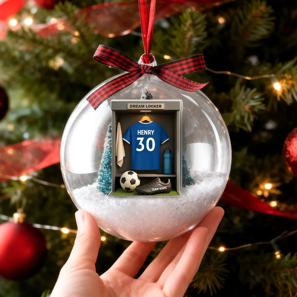 Christmas Snow Globe Ornament - Soccer Locker Mini Scene, Clear Acrylic, Personalized - Unique Gift for Son, Grandson, Boyfriend