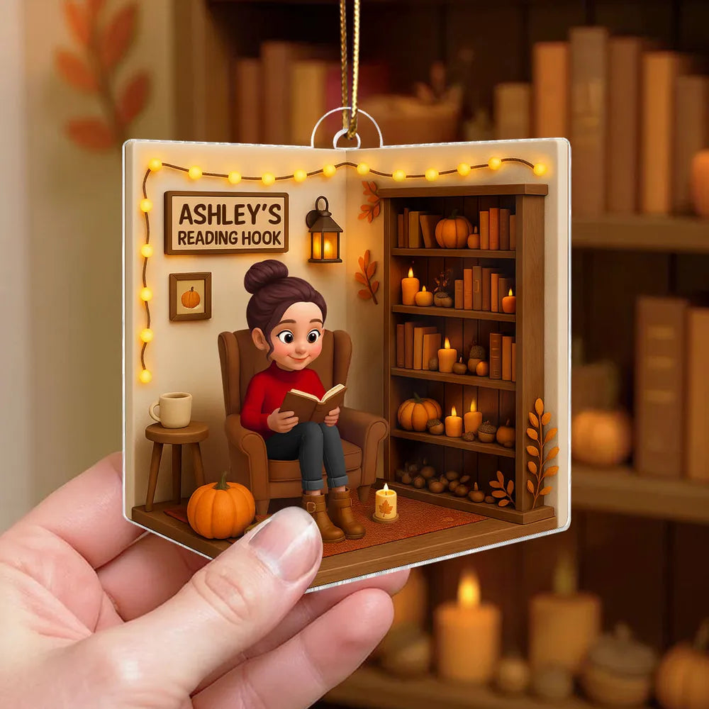 Cozy Autumn Reading Nook Personalized Ornament, Gift for Book Lovers, Creative Fall Gift for Her