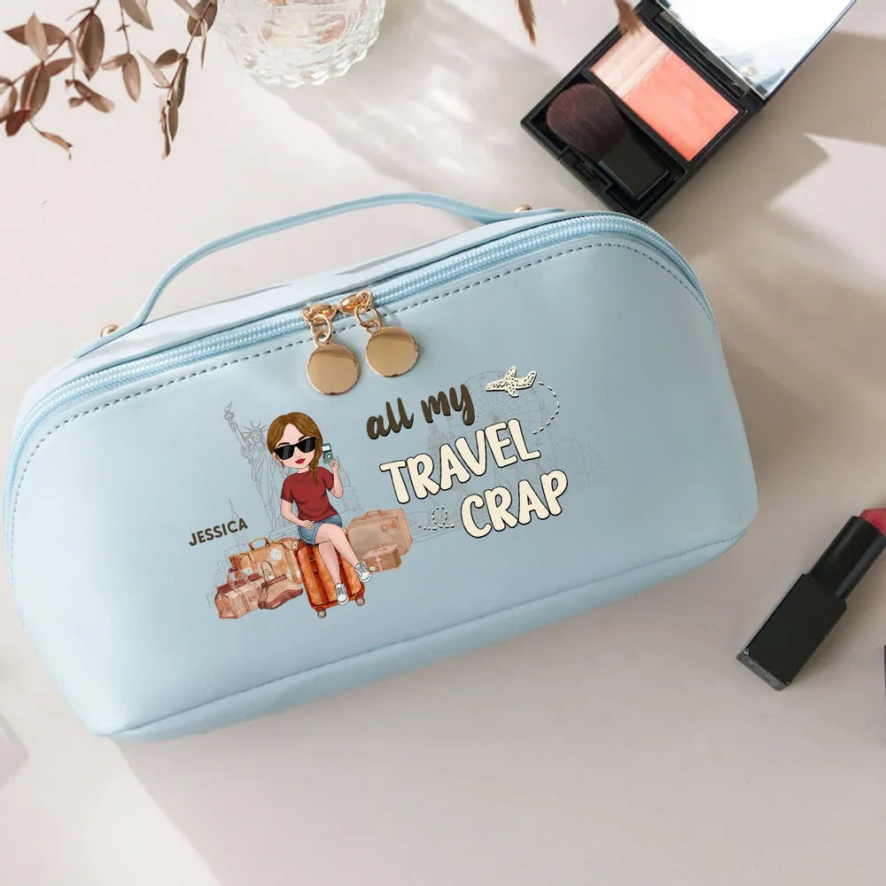 Personalized Leather Makeup Bag for Travel Lovers – Custom Cartoon Girl Design, Spacious Organizer, Unique Trendy Gift