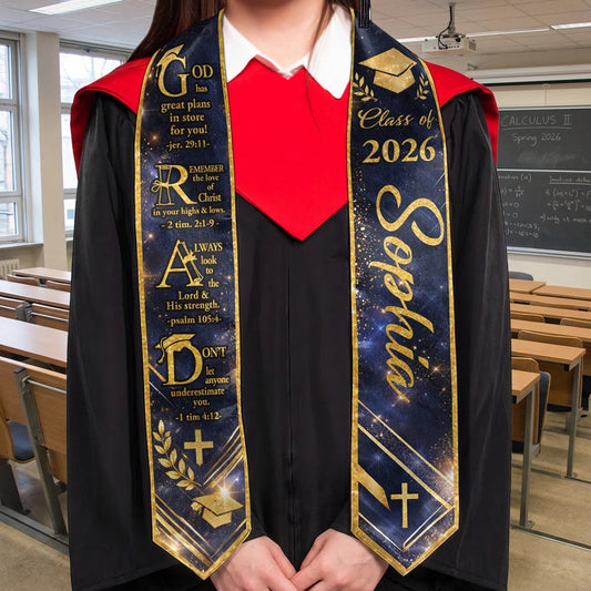 Personalized Graduation Polyester Satin Stole with Faith Quote, Navy Gold Starry Design, Unique Gift for a Graduate
