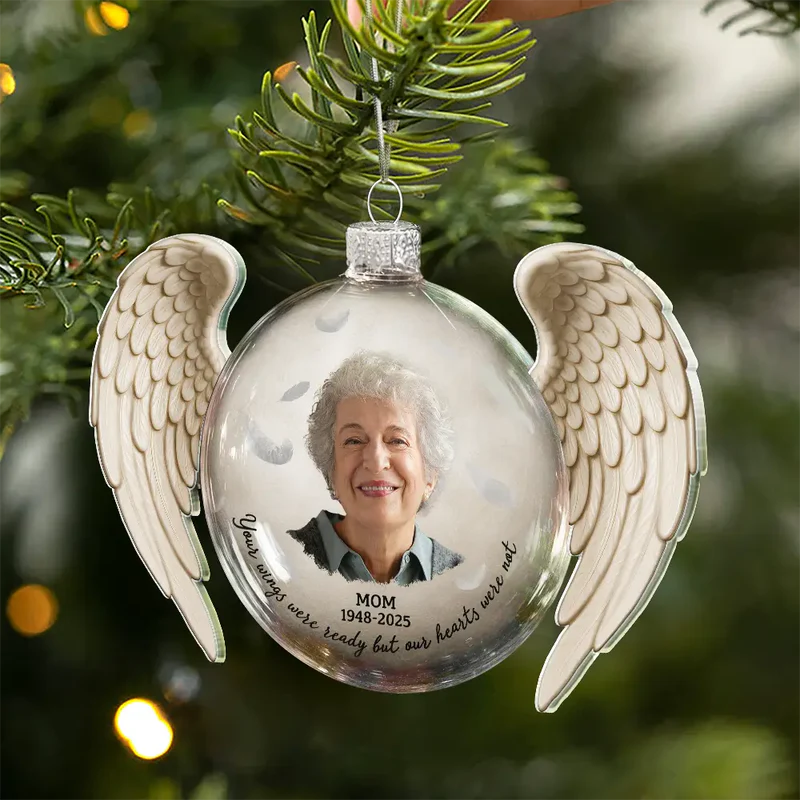 Custom Photo Acrylic Flat Ball Ornament Memorial with Angel Wings, Heartfelt Remembrance Christmas Gift for Dad and Family Keepsake