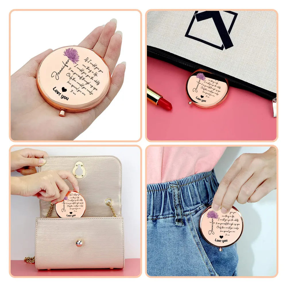 Personalized Metal Compact Mirror with Love Quote, Floral Script Design, Unique Gift for Her to Feel Seen & Loved