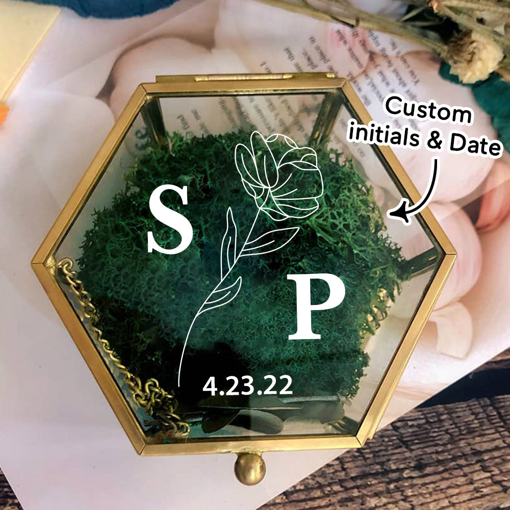 Custom Text - Personalized Initials and Date Hexagon Glass Ring Box