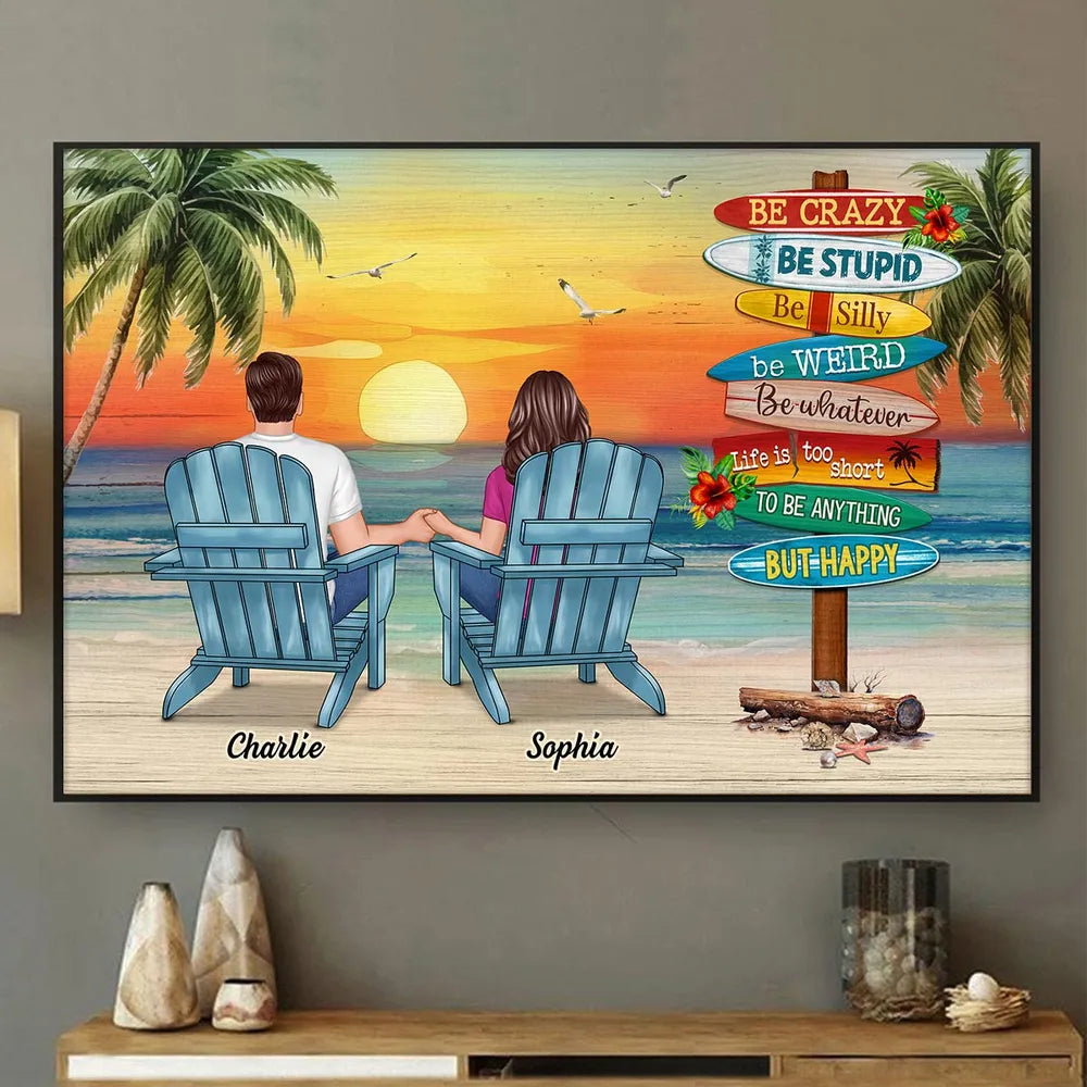 Personalized Beach Sunset Couple Poster, Holding Hands in Adirondack Chairs, Life is Too Short But Happy, Unique Gift