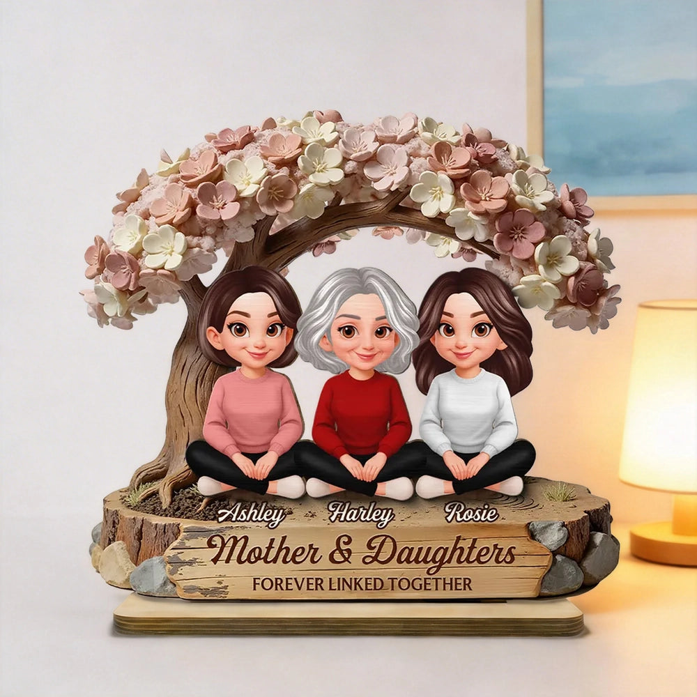 Mother & Daughters Forever Linked Together 2-Layer Wooden Plaque, Personalized Family Keepsake Gift for Mom