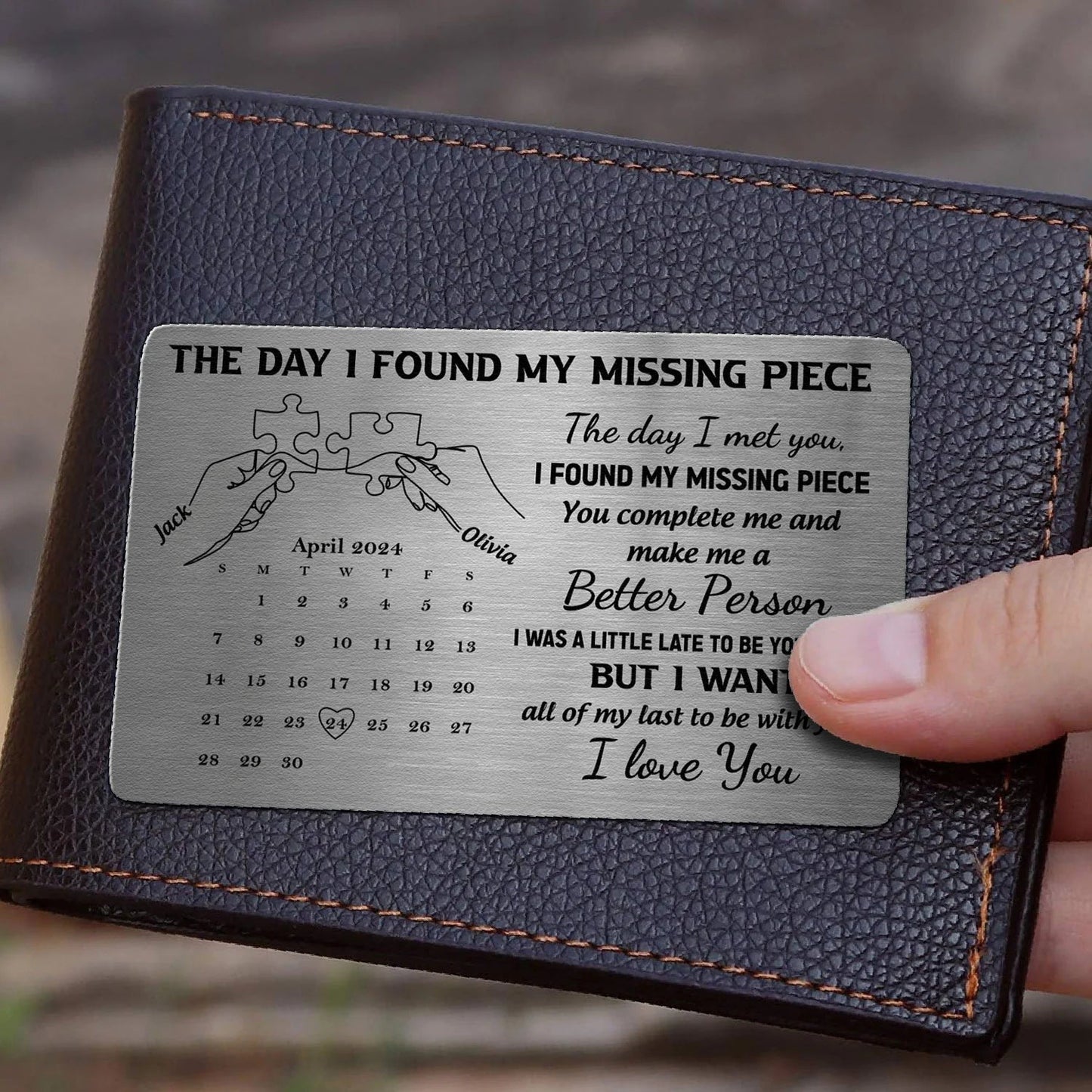 The Day I Found My Missing Piece Personalized Metal Wallet Card, Romantic Pocket Keepsake With Calendar, Unique Gift for Him