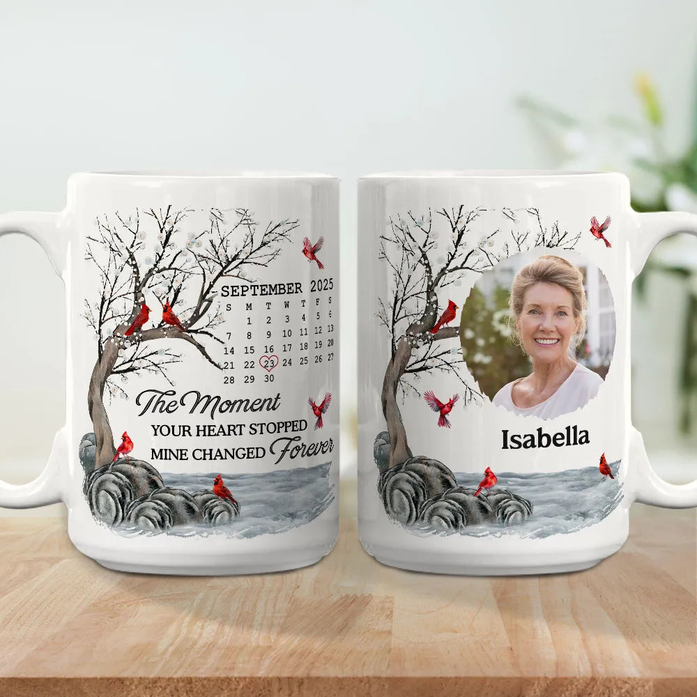 Custom Memorial White Ceramic Mug with Photo & Cardinals – Personalized Remembrance Keepsake, Comforting Unique Gift