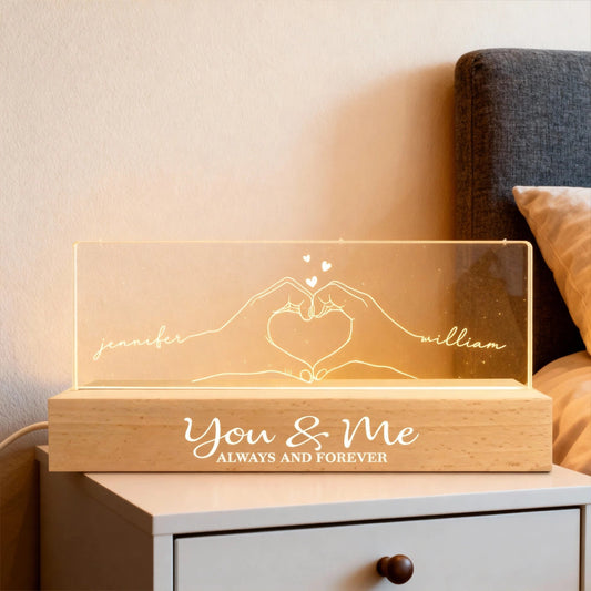 Personalized Block LED Light Plaque with Heart Hands Outline for Couple, Warm Night Light Keepsake, Unique Gift for Him or Her