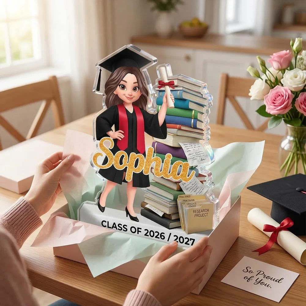 Shaped Acrylic Block Plaque Personalized Keepsake For A Proud Graduate, Cap And Gown Celebration Desk Or Shelf Decor Gift