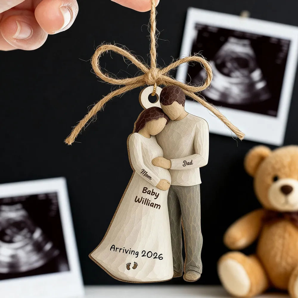 Wooden Ornament Sweet Expecting Family Hug Design, Personalized Nursery Decor Keepsake, Unique Holiday Gift for Parents