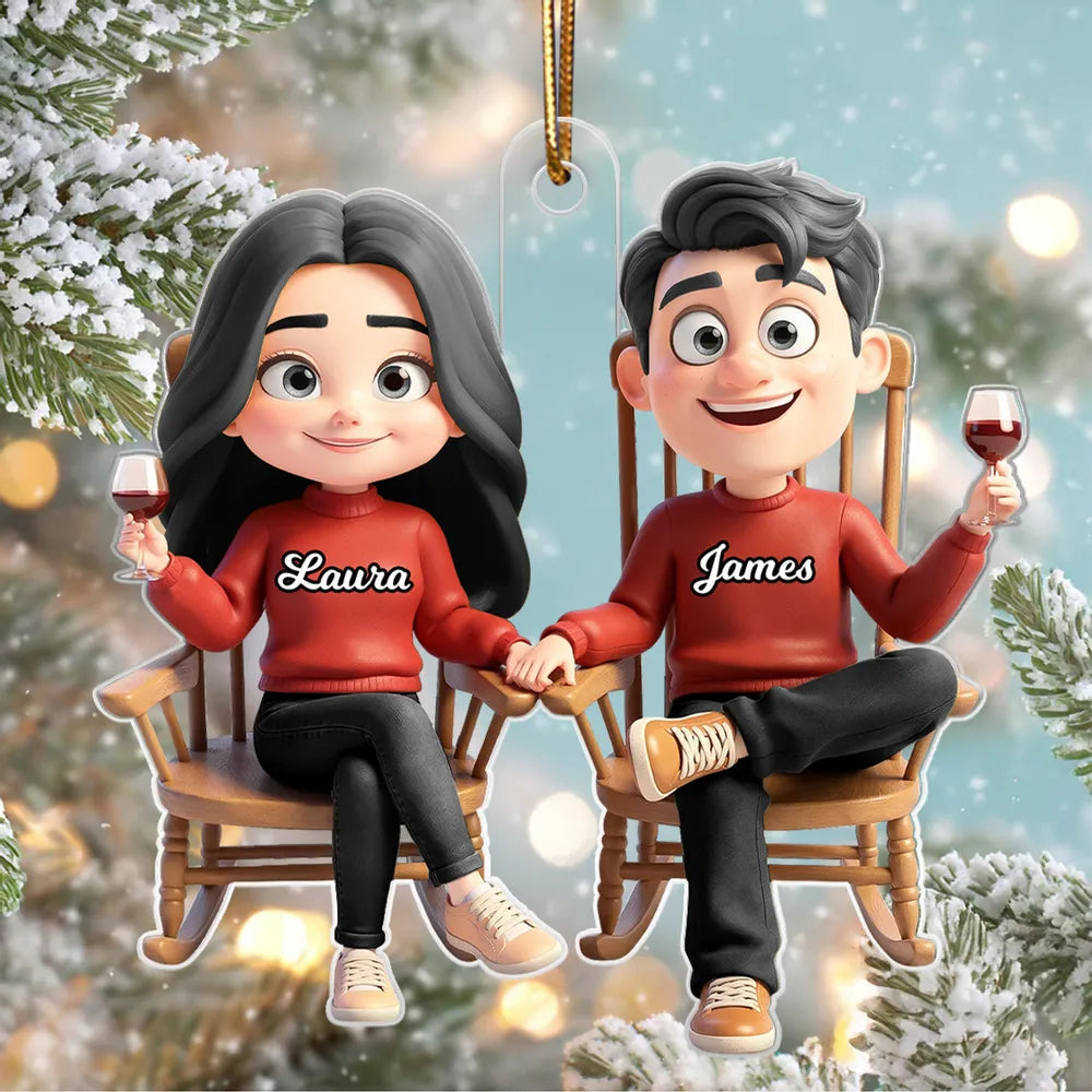 Personalized Acrylic Ornament with Cute Cartoon Couple in Rocking Chairs – Cozy Wine Night Scene, Unique Gift for Couples & Home Holiday Decor
