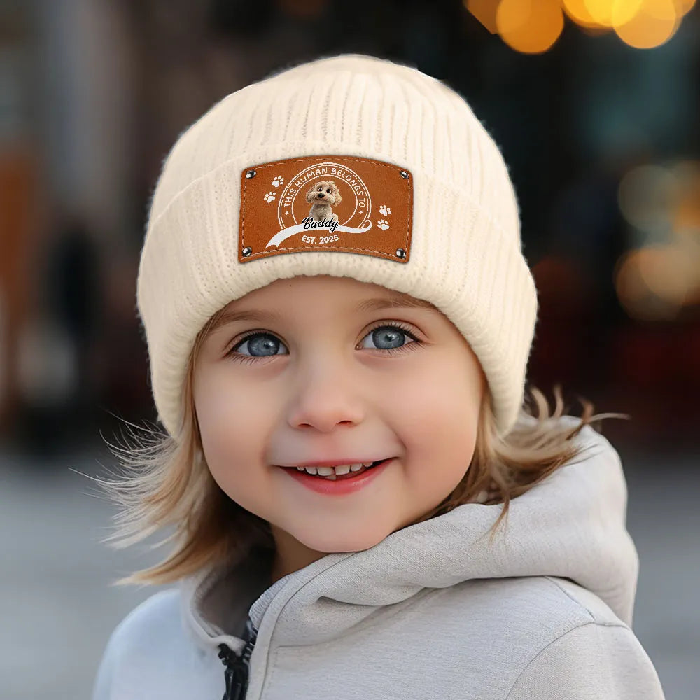 Leather Patch Beanie Hat with Dog Design, Cozy Warmth and Perfect Gift for Pet-Loving Families