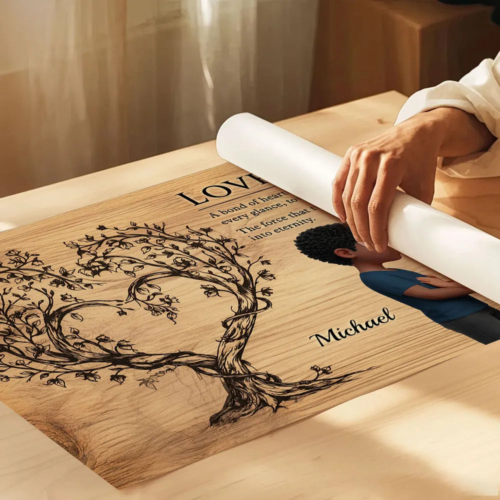 Romantic Couple Kissing Poster with Love Quote and Heart Tree, Personalized Wall Decor, Unique Gift for Couples