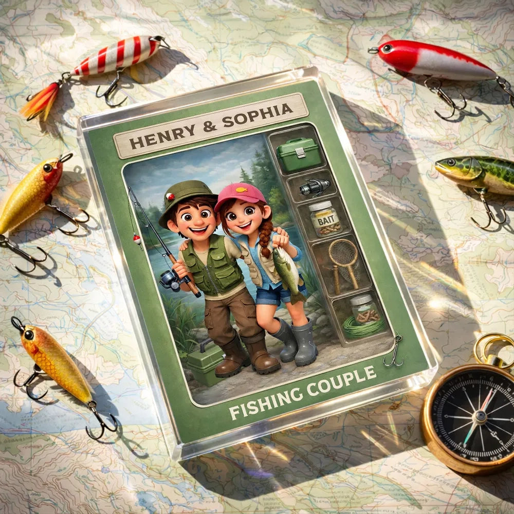 Personalized Rectangle Acrylic Block Plaque Fishing Couple Cartoon Keepsake for Lake-Loving Partners, Unique Creative Gift