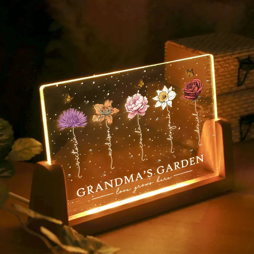 Custom LED Frame Poster - Birth Month Flower Art with Grandkids' Names