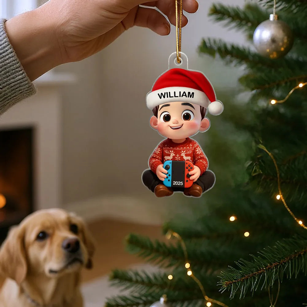 Personalized Cartoon Christmas Ornament with custom name, playful Nintendo Switch design, perfect gift for kids and gamers, ideal for holiday decorating