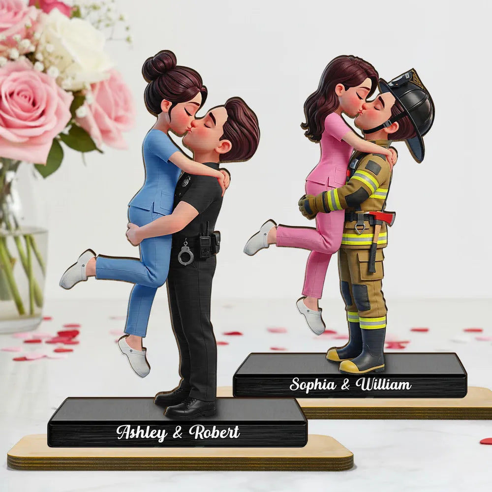 2-Layer Wooden Plaque Personalized Hero Couple Kiss - A Heartwarming Custom Gift for Couples, Police Firefighter Nurse Love