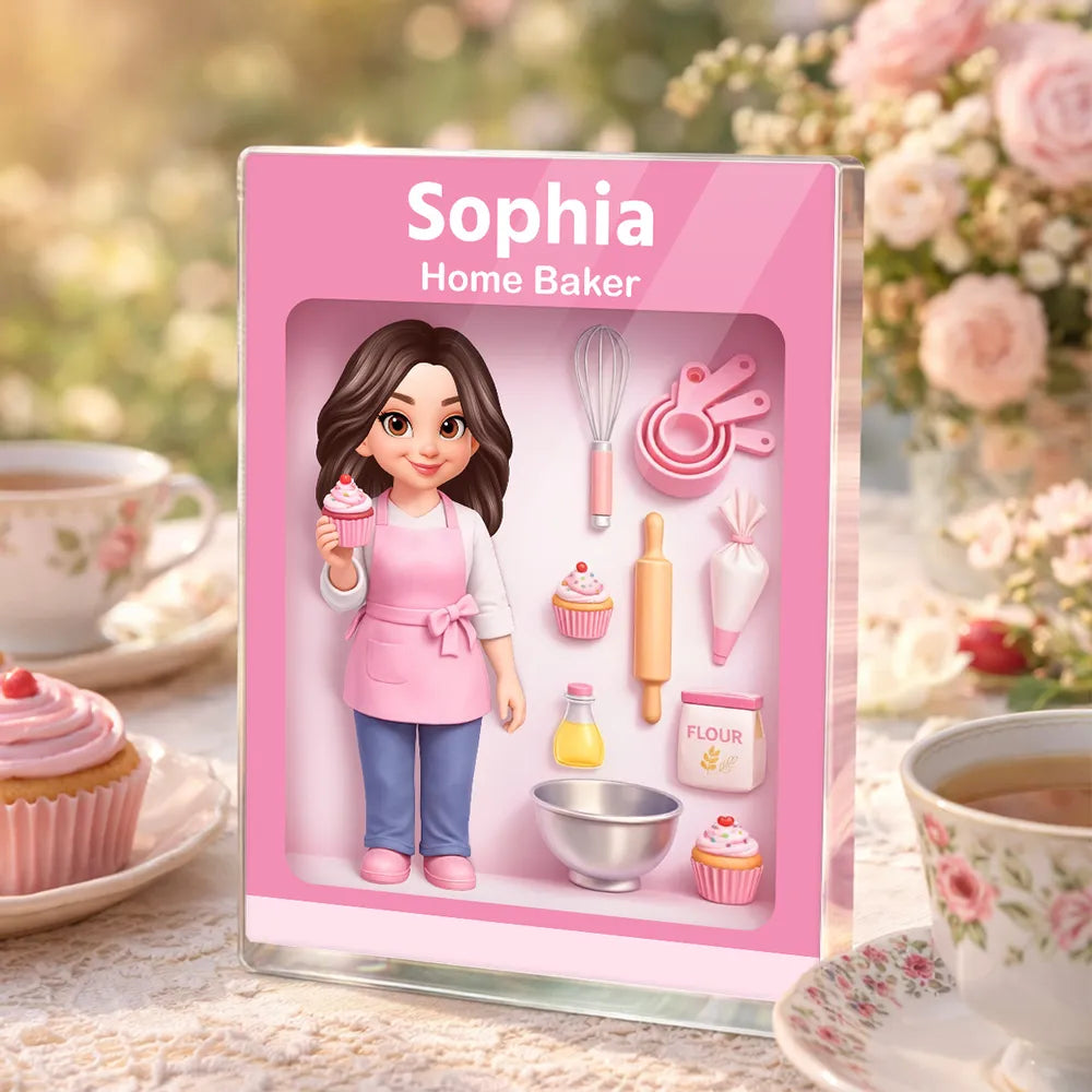Personalized Home Baker Rectangle Acrylic Block Plaque for Kitchen Desk Decor, Sweet Pink Baking Scene, Unique Gift for Bakers