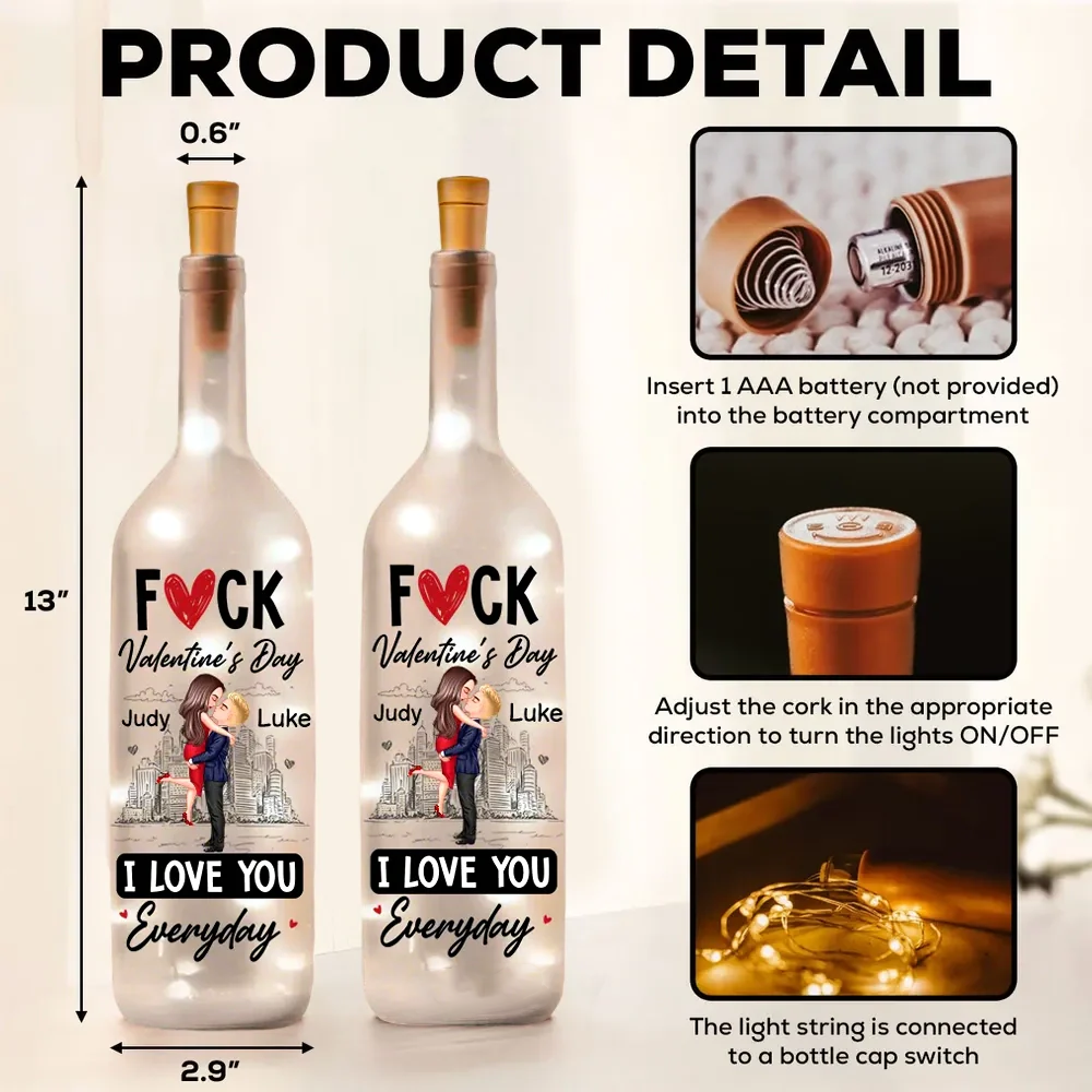 Personalized Bottle Lamp With Couple Hugging City Sketch, I Love You Everyday, Unique Valentine's Day Gift With Warm Glow