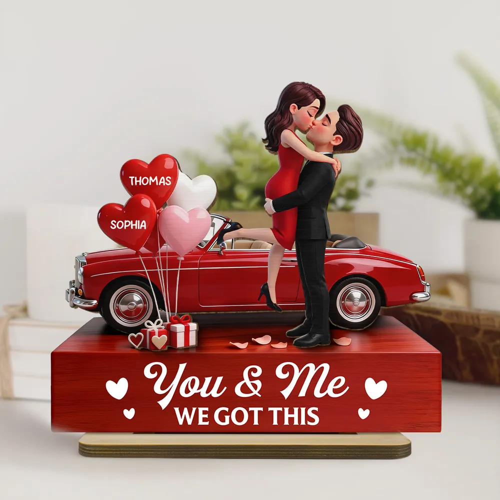 Personalized 2-Layer Wooden Plaque Couple Hugging by a Red Car, You & Me We Got This, Unique Valentine's Day Gift