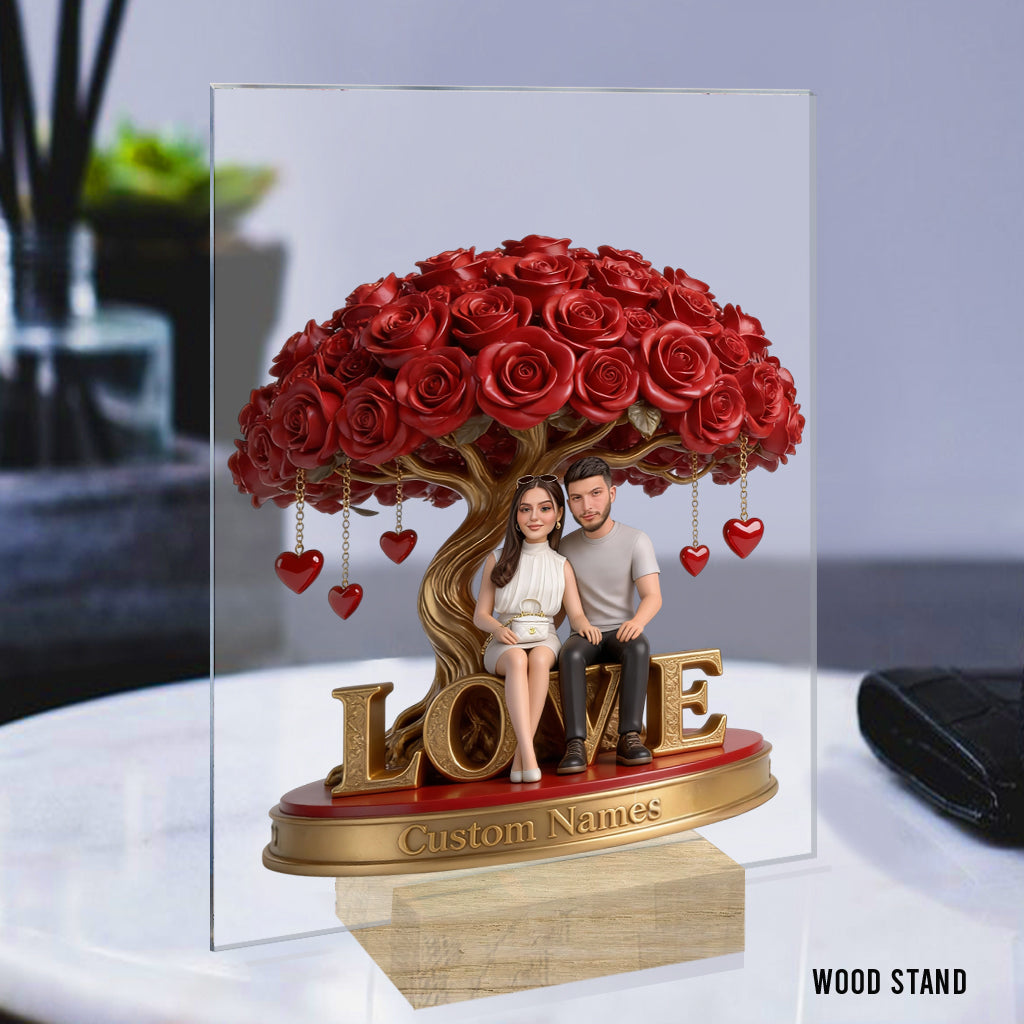 Custom Personalized Old Couple Figurine Statue under Red Rose Heart Tree, Engraved Name Anniversary Wedding Gift Home Decor Sculpture