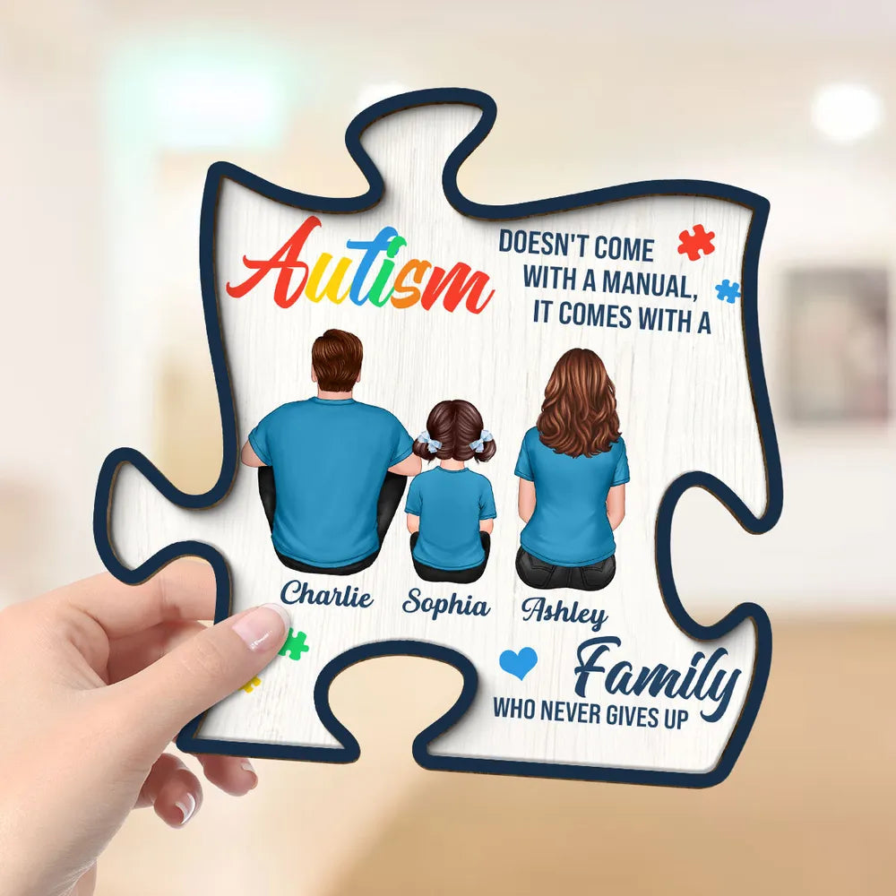 2-Layer Wooden Puzzle Plaque – Autism Family Quote “Family Who Never Gives Up” – Custom Parent & Child Back View Gift