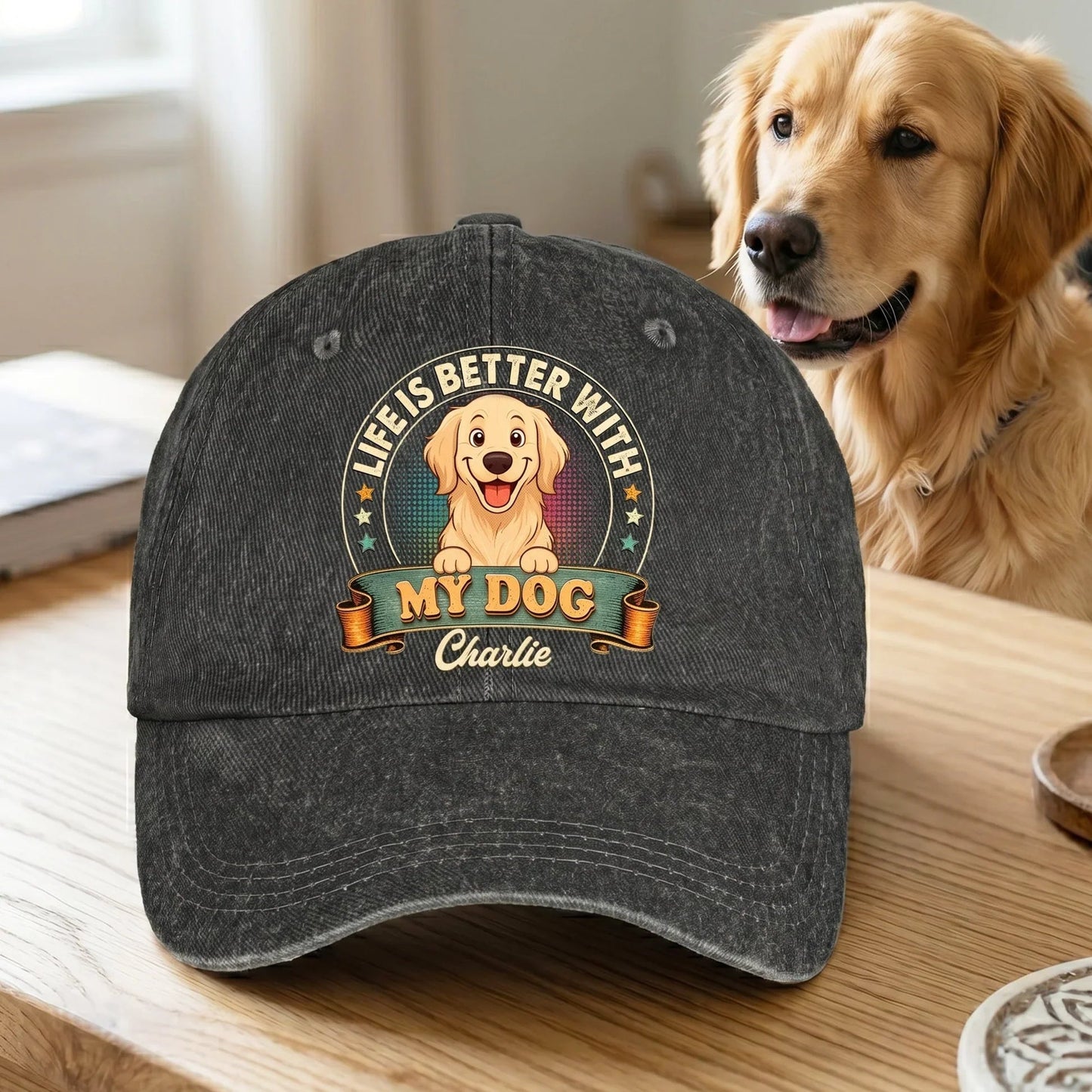Personalized Washed Denim Baseball Cap With Cute Dog Graphic, Vintage Look Outdoor Wear, Unique Gift for Dog Lovers