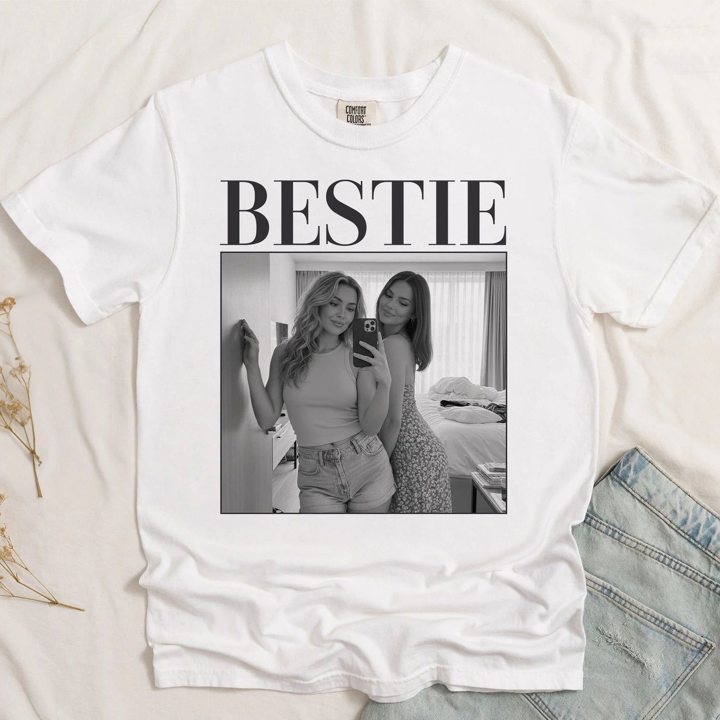 BESTIE Personalized Photo Classic Tee, Vintage-Style Black & White Memory Look, Unique Gift for Best Friend
