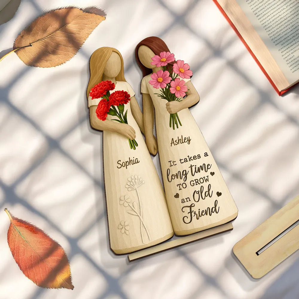 Wooden Plaque for Best Friends – Hand-in-Hand figurine with flowers, cozy mantel décor and heartwarming keepsake, perfect gift to celebrate lifelong friendship