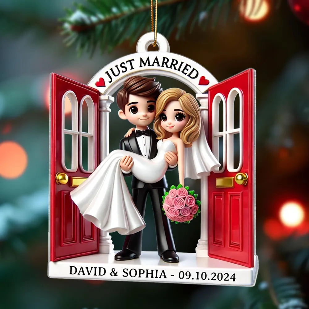 Personalized Acrylic Just Married Couple Ornament | Red Doorway Bride & Groom Carry | Customizable Date & Names