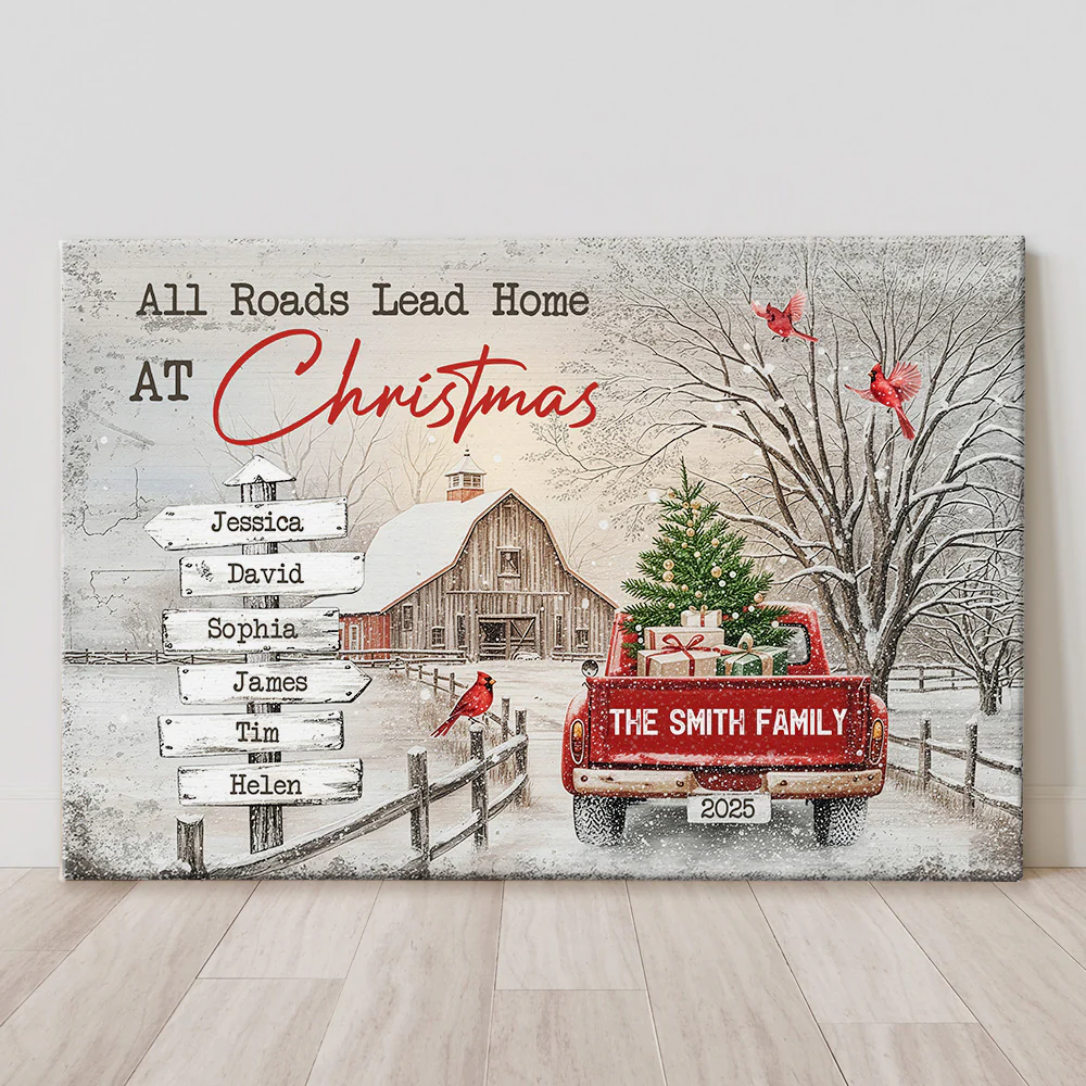 All Roads Lead Home At Christmas Personalized Poster – Custom Family Names Winter Farmhouse Wall Art, Unique Holiday Gift for Mom & Loved Ones