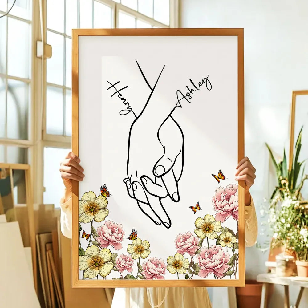 Personalized Couple Hand-Holding Line Art Poster with Floral Butterflies, Modern Minimal Wall Decor, Unique Gift for Him or Her